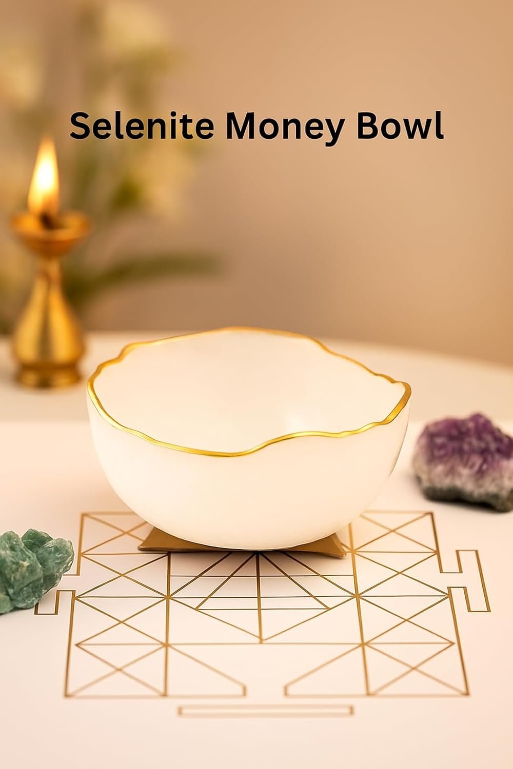 Selenite Crystal Money Bowl with Golden Rim | 13 cm Natural Selenite Vastu & Feng Shui Decor | Charging Bowl for Crystals, Wealth Attraction & Home/Office Prosperity