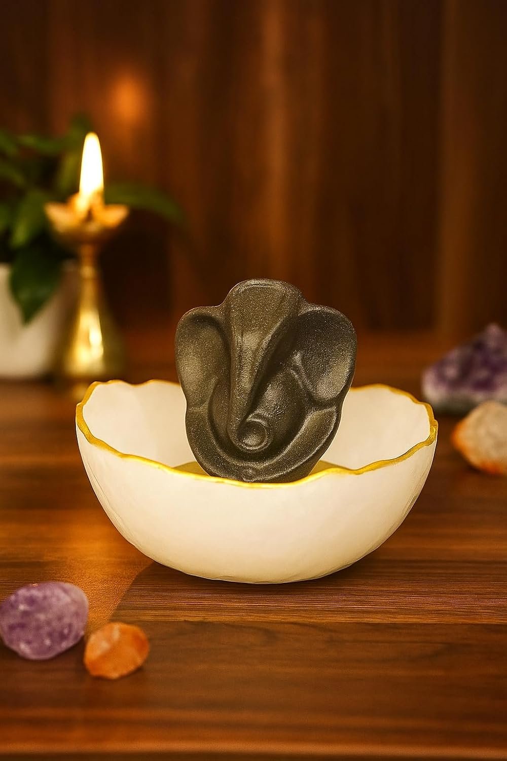 Selenite Crystal Money Bowl with Golden Rim | 13 cm Natural Selenite Vastu & Feng Shui Decor | Charging Bowl for Crystals, Wealth Attraction & Home/Office Prosperity