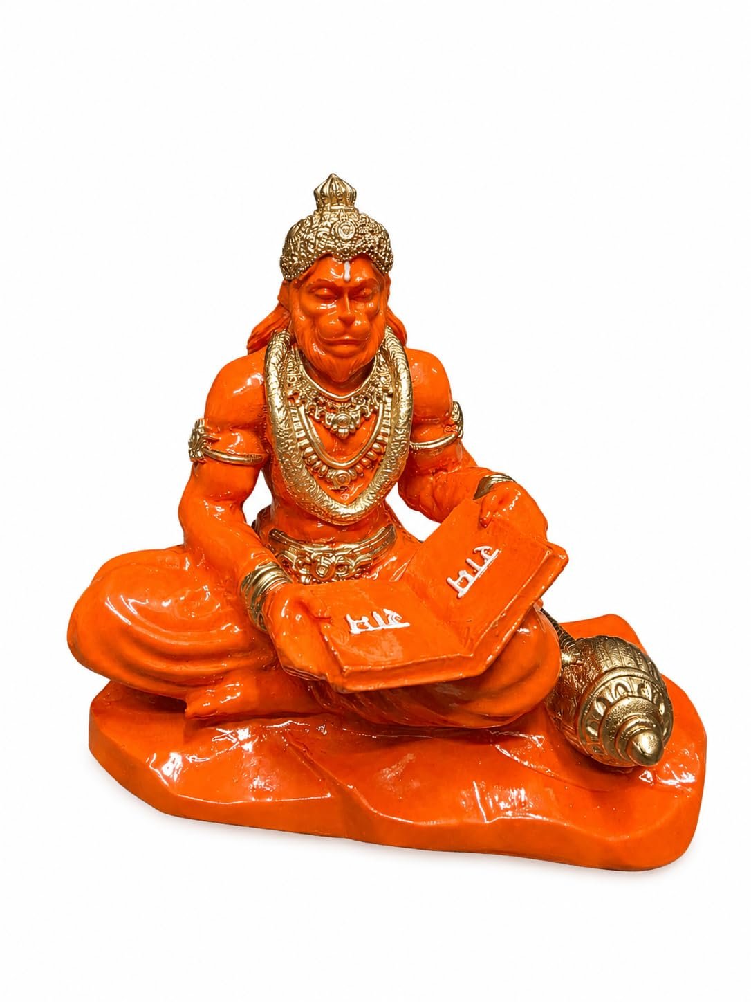 Hanuman Reading Ramayan Idol | 3.5 Inch Orange Hanuman Statue with Gada | Bajrangbali Murti for Home Decor, Temple, Office Desk & Car Dashboard | Spiritual Gift