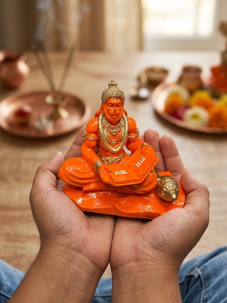 Hanuman Reading Ramayan Idol | 3.5 Inch Orange Hanuman Statue with Gada | Bajrangbali Murti for Home Decor, Temple, Office Desk & Car Dashboard | Spiritual Gift
