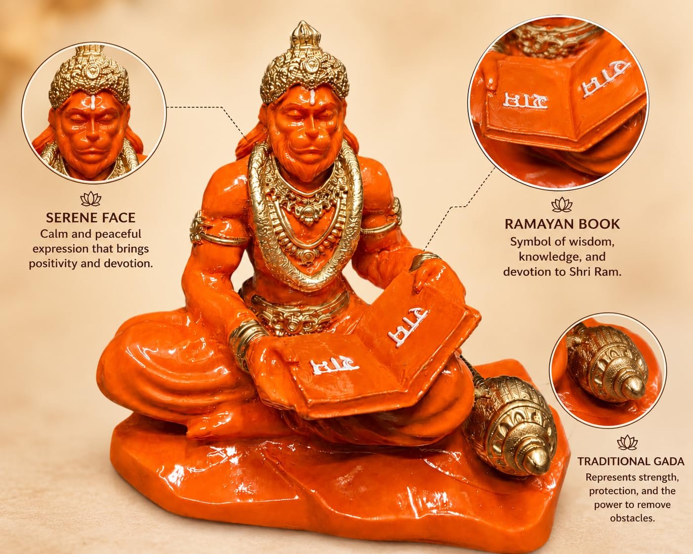 Hanuman Reading Ramayan Idol | 3.5 Inch Orange Hanuman Statue with Gada | Bajrangbali Murti for Home Decor, Temple, Office Desk & Car Dashboard | Spiritual Gift