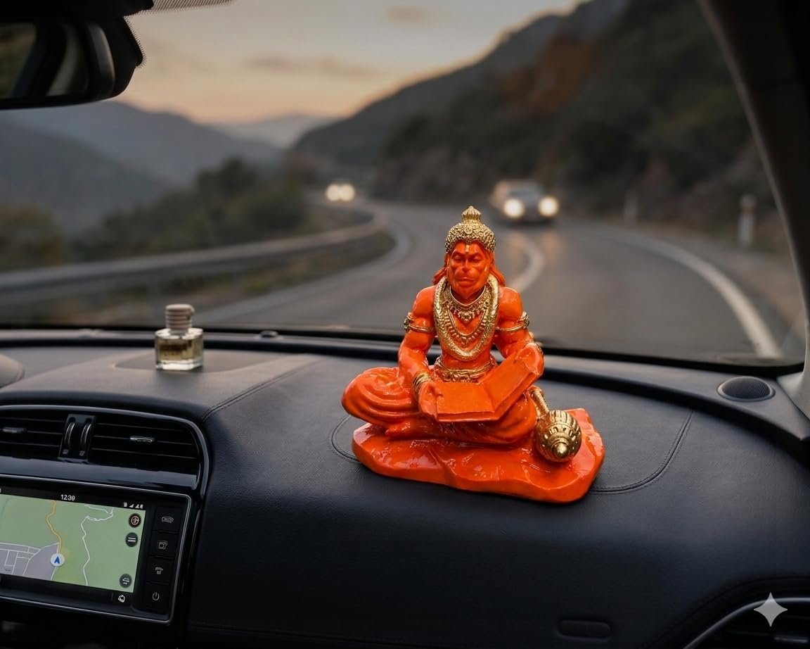 Hanuman Reading Ramayan Idol | 3.5 Inch Orange Hanuman Statue with Gada | Bajrangbali Murti for Home Decor, Temple, Office Desk & Car Dashboard | Spiritual Gift