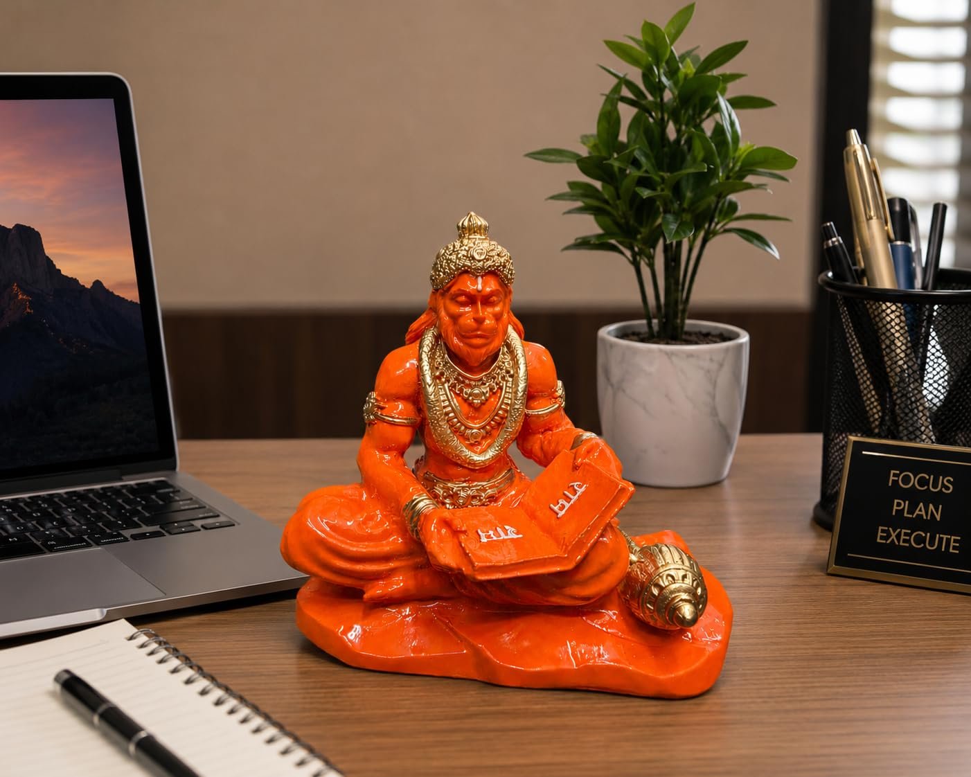 Hanuman Reading Ramayan Idol | 3.5 Inch Orange Hanuman Statue with Gada | Bajrangbali Murti for Home Decor, Temple, Office Desk & Car Dashboard | Spiritual Gift