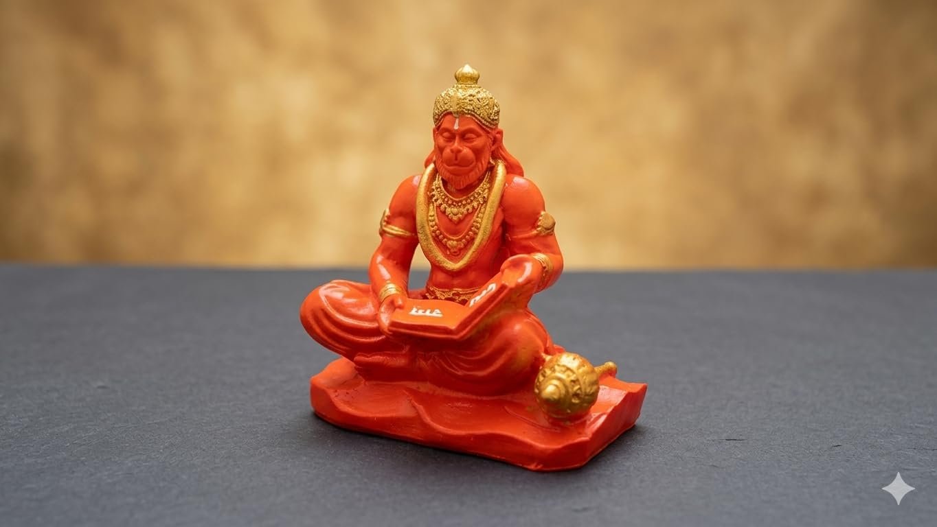 Hanuman Reading Ramayan Idol | 3.5 Inch Orange Hanuman Statue with Gada | Bajrangbali Murti for Home Decor, Temple, Office Desk & Car Dashboard | Spiritual Gift