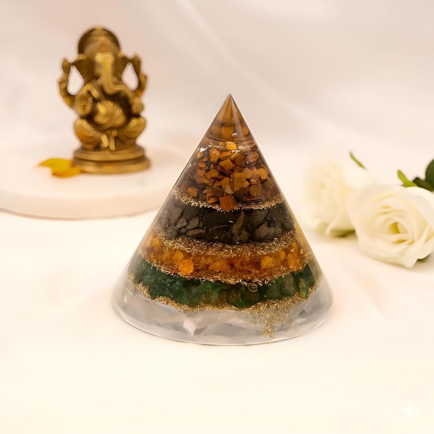 Conical Dhan YOG Pyramid with Selenite Base | Decorative Vastu Pyramid for Home, Office & Mandir | Spiritual Home Décor for Positive Energy & Prosperity