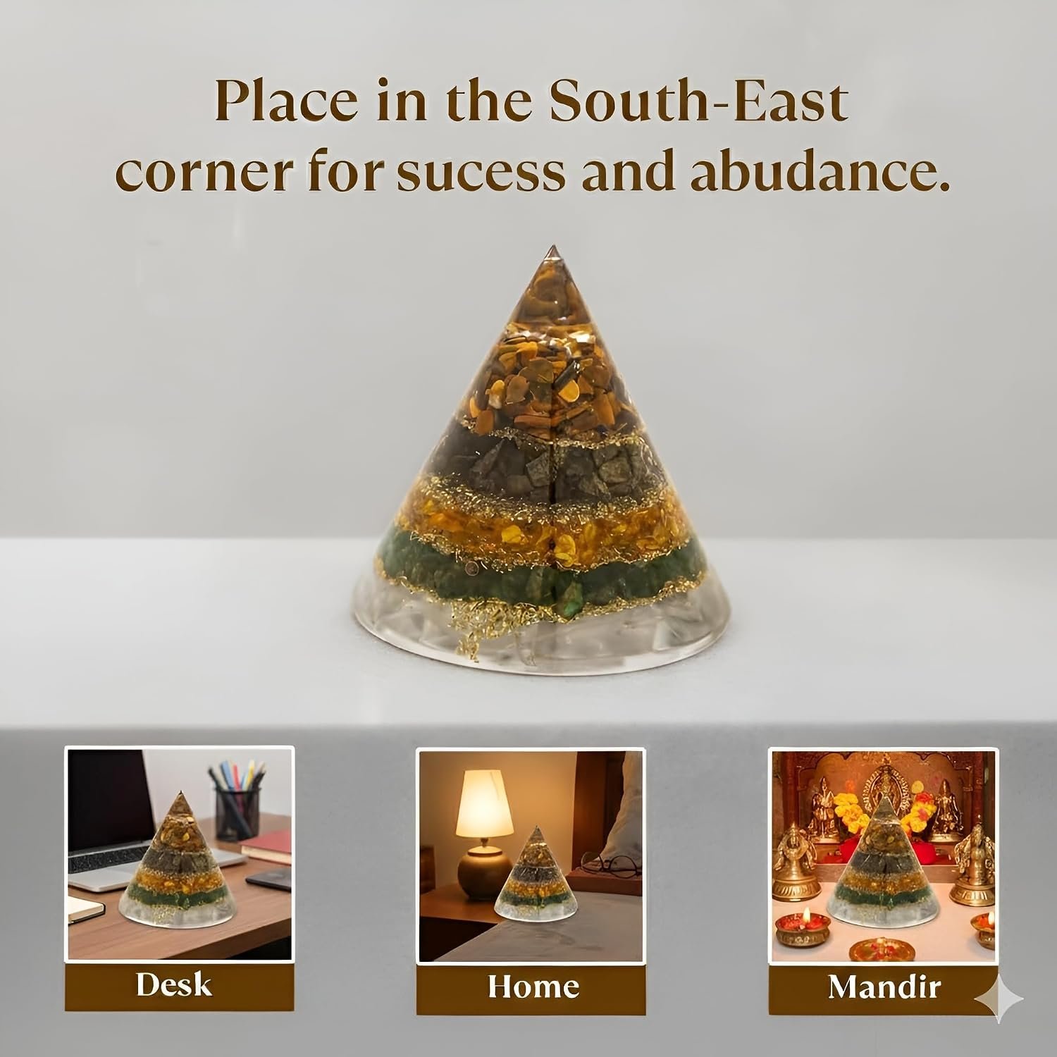Conical Dhan YOG Pyramid with Selenite Base | Decorative Vastu Pyramid for Home, Office & Mandir | Spiritual Home Décor for Positive Energy & Prosperity